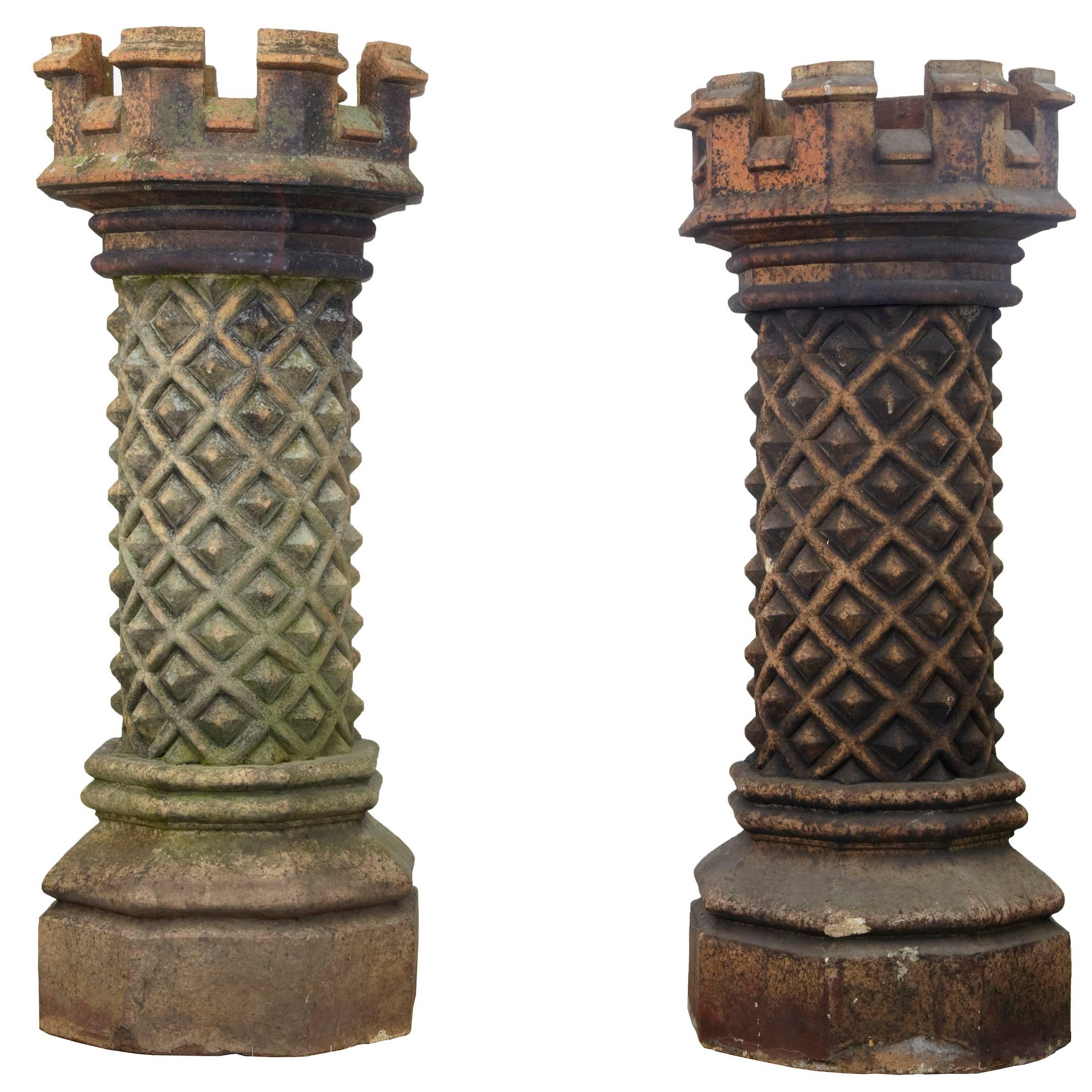 Near Pair of Victorian Gothic Large Chimney Pots