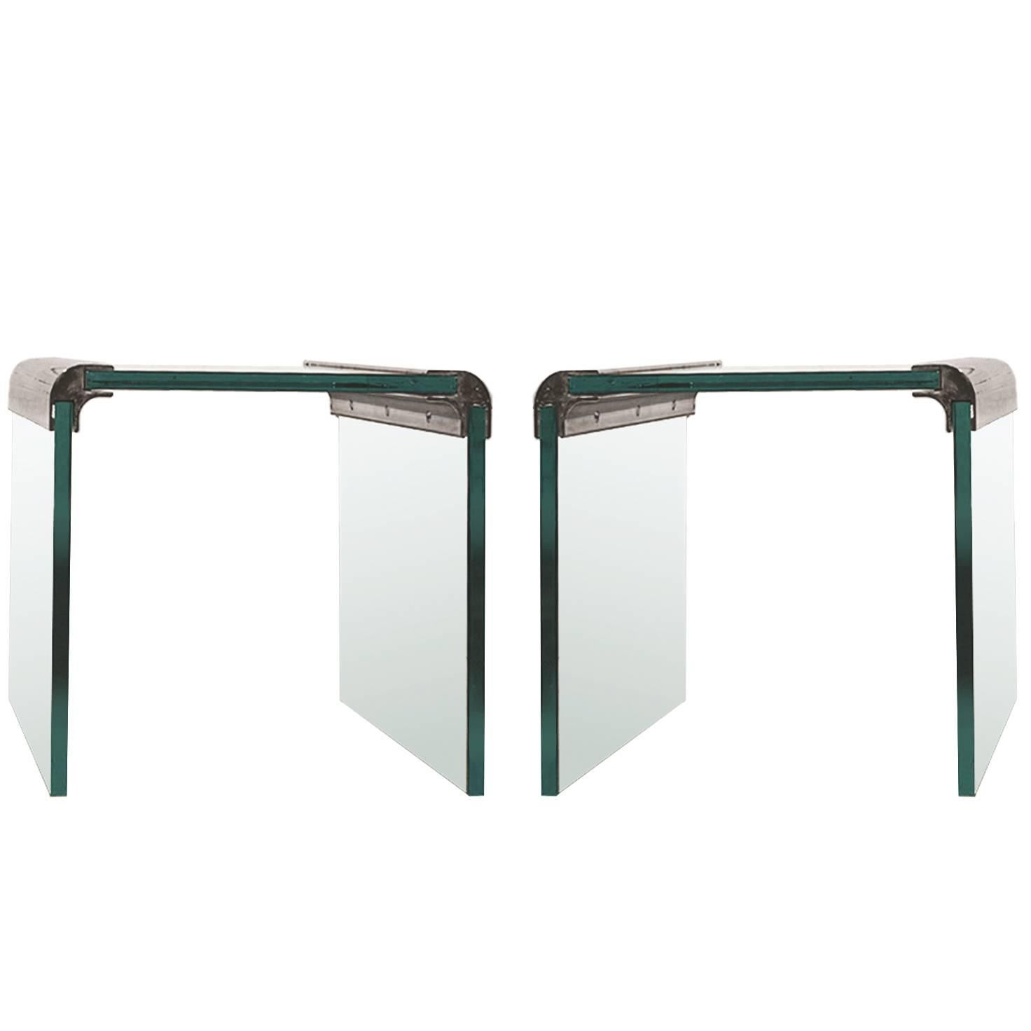 Vintage Pace Collection Waterfall Side Tables, Chrome and Glass Pair