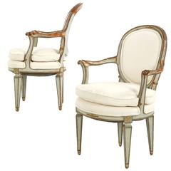 19th Century Pair of French Neoclassical Painted Fauteuil or Armchairs