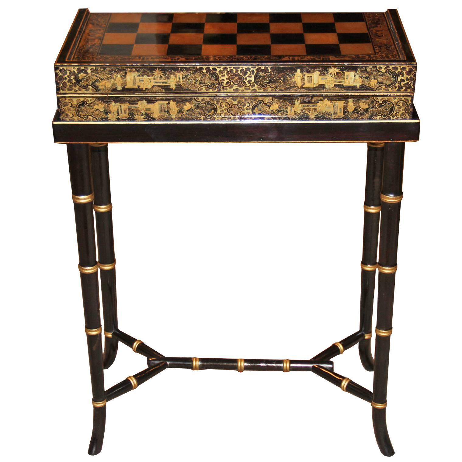19th Century English Import Chinoiserie Black Lacquer Games or Cocktail Table For Sale