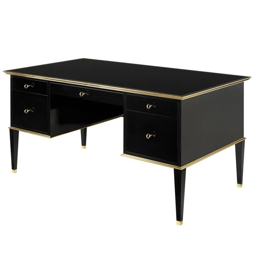 Black Lacquered Desk with Solid Brass Details For Sale