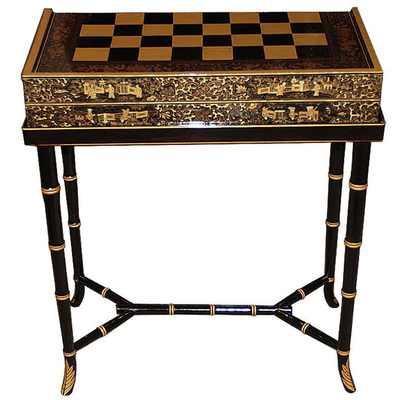 19th Century English Import Chinoiserie Black Lacquer Games or Cocktail Table For Sale