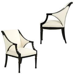 Pair of Art Deco Ebonized and Carved Antique Armchairs, Probably Italian