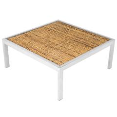 Milo Baughman Woven Bamboo and Chrome Cocktail Table with Glass Top