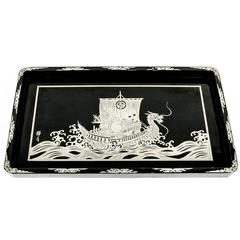 Vintage Decorative Silver Overlay Asiatic Details Wooden Tray