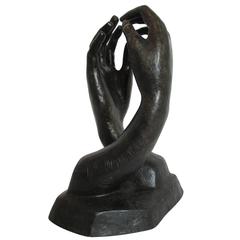 Male and Female Bronze Clasping Hands Sculpture