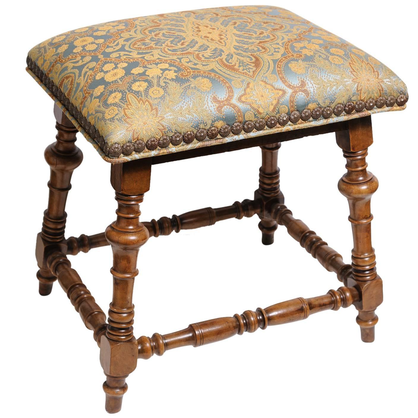 Jacobean Style Stool with Gold and Blue Damask Fabric For Sale