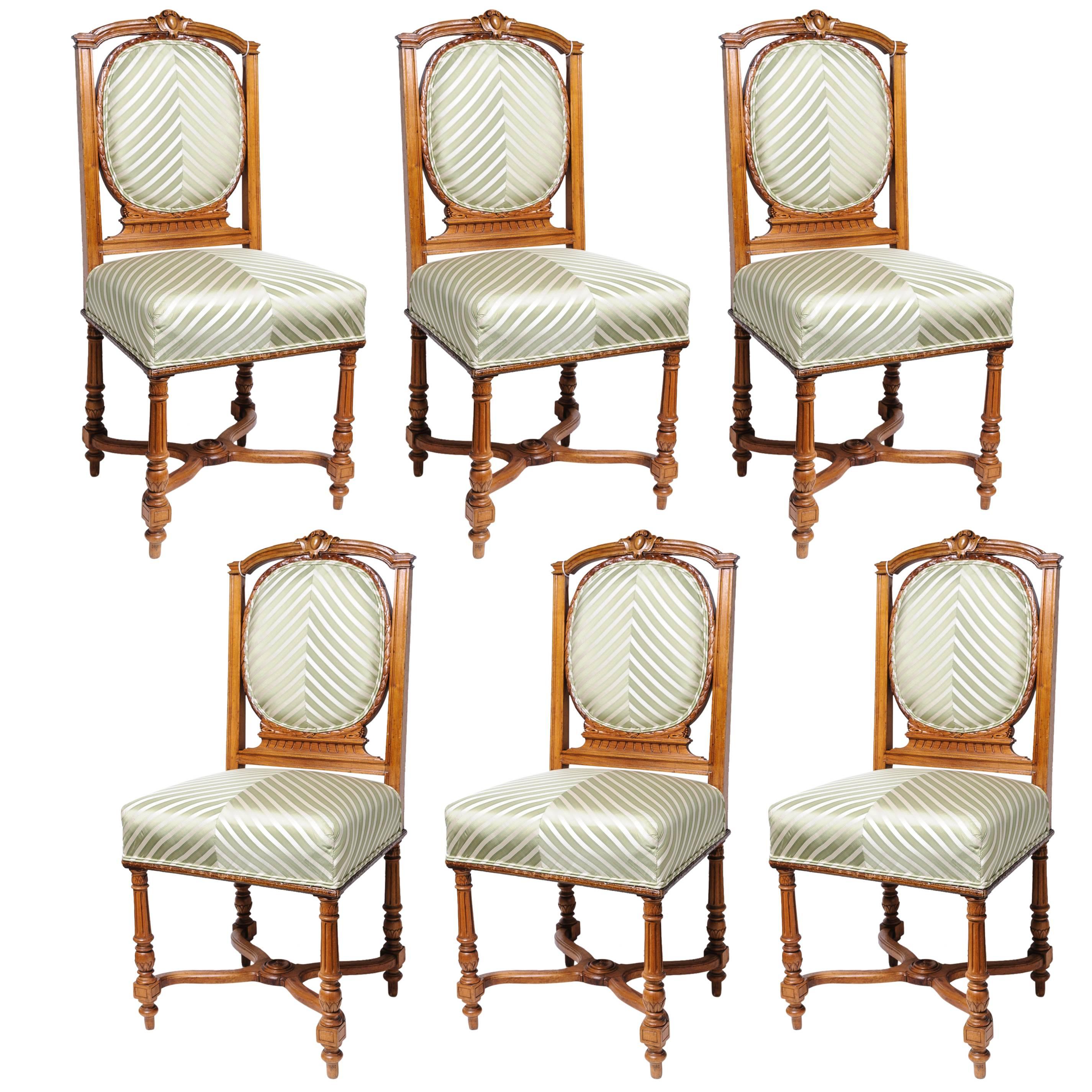 Set of Six English, Edwardian Dining Side Chairs with Green Upholstery Fabric