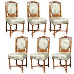 Set of Six English, Edwardian Dining Side Chairs with Green Upholstery Fabric