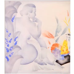 "Nudo con ciotola di frutta", dipinto Art Déco nei toni del viola e dell'arancione "Nudo con ciotola di frutta", dipinto Art Déco nei toni del viola e dell'arancione