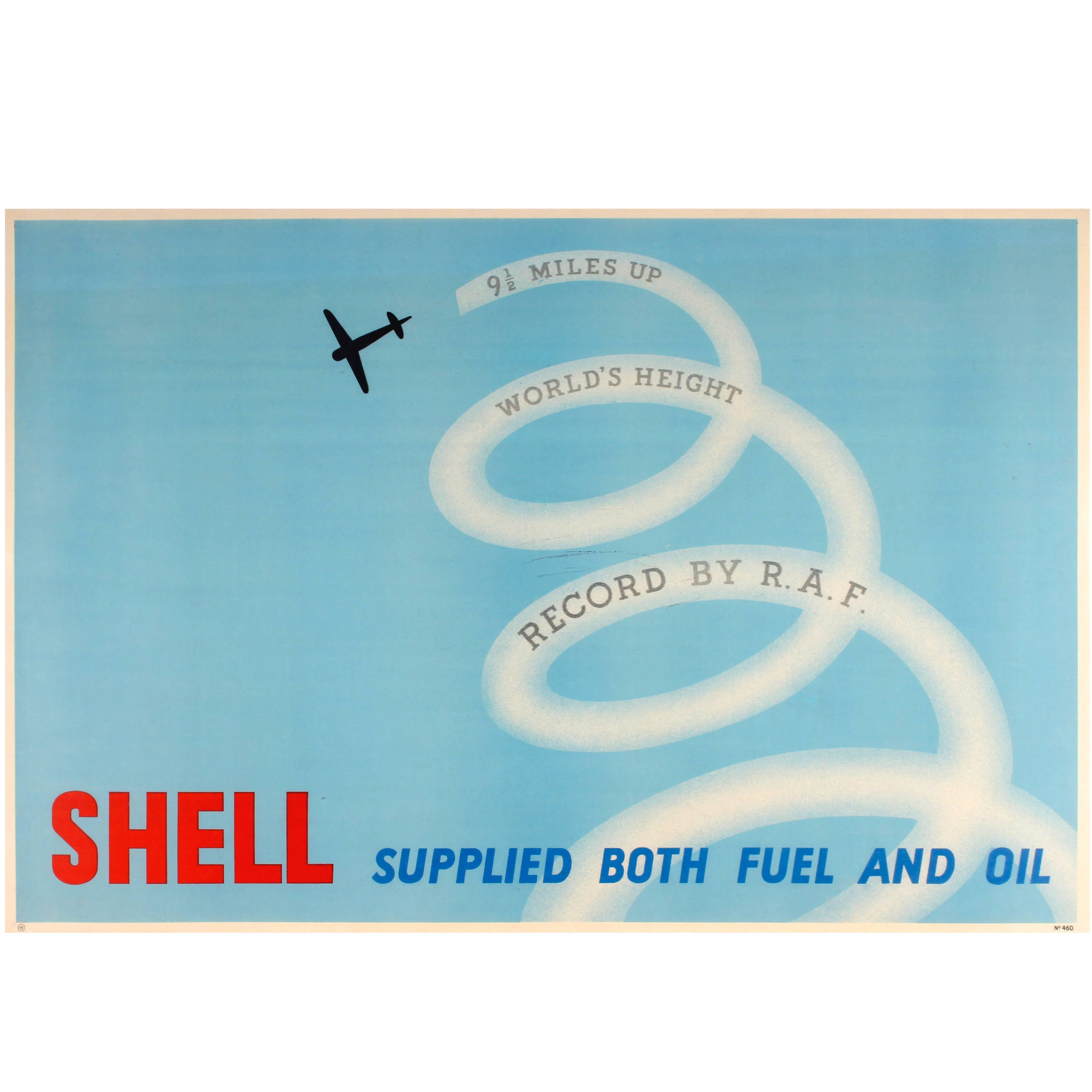 1930s Poster "9½ Miles Up World Height Record by RAF - Shell Oil & Fuel" For Sale