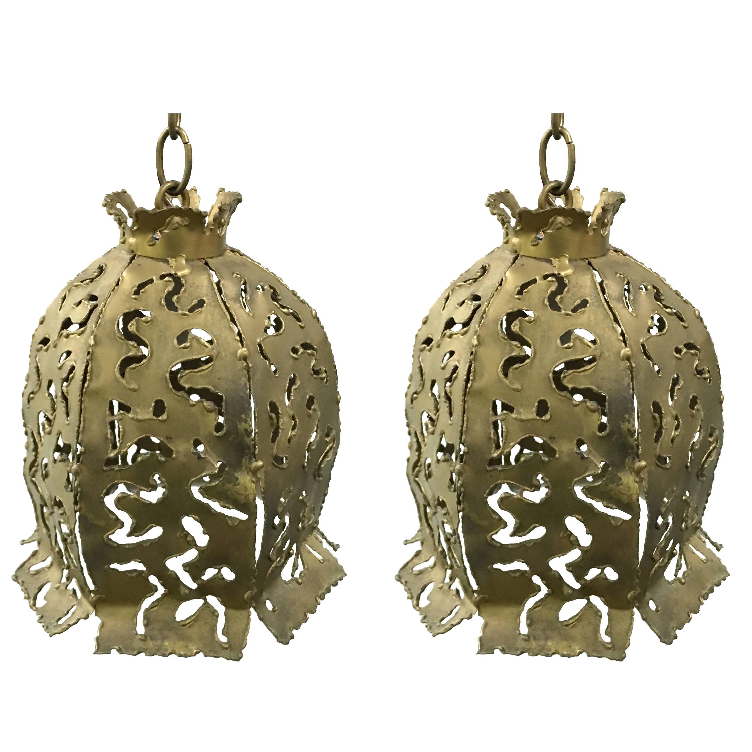 Pair of 1970s Brutalist Style Brass Pendant Lights by Tom Greene Feldman
