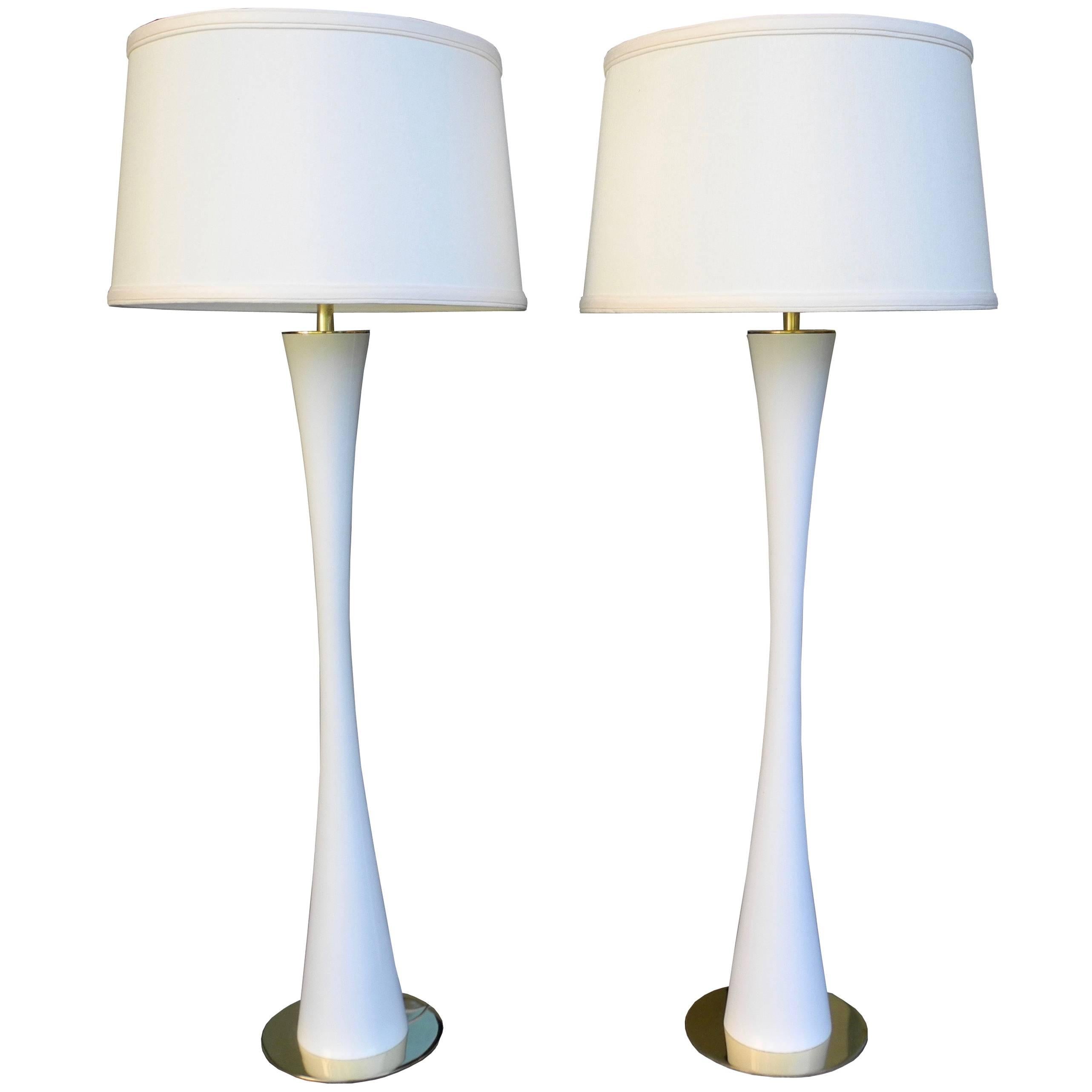 Very Tall White Tulip Metal and Brass Lamps by Stewart Ross James for Hansen For Sale