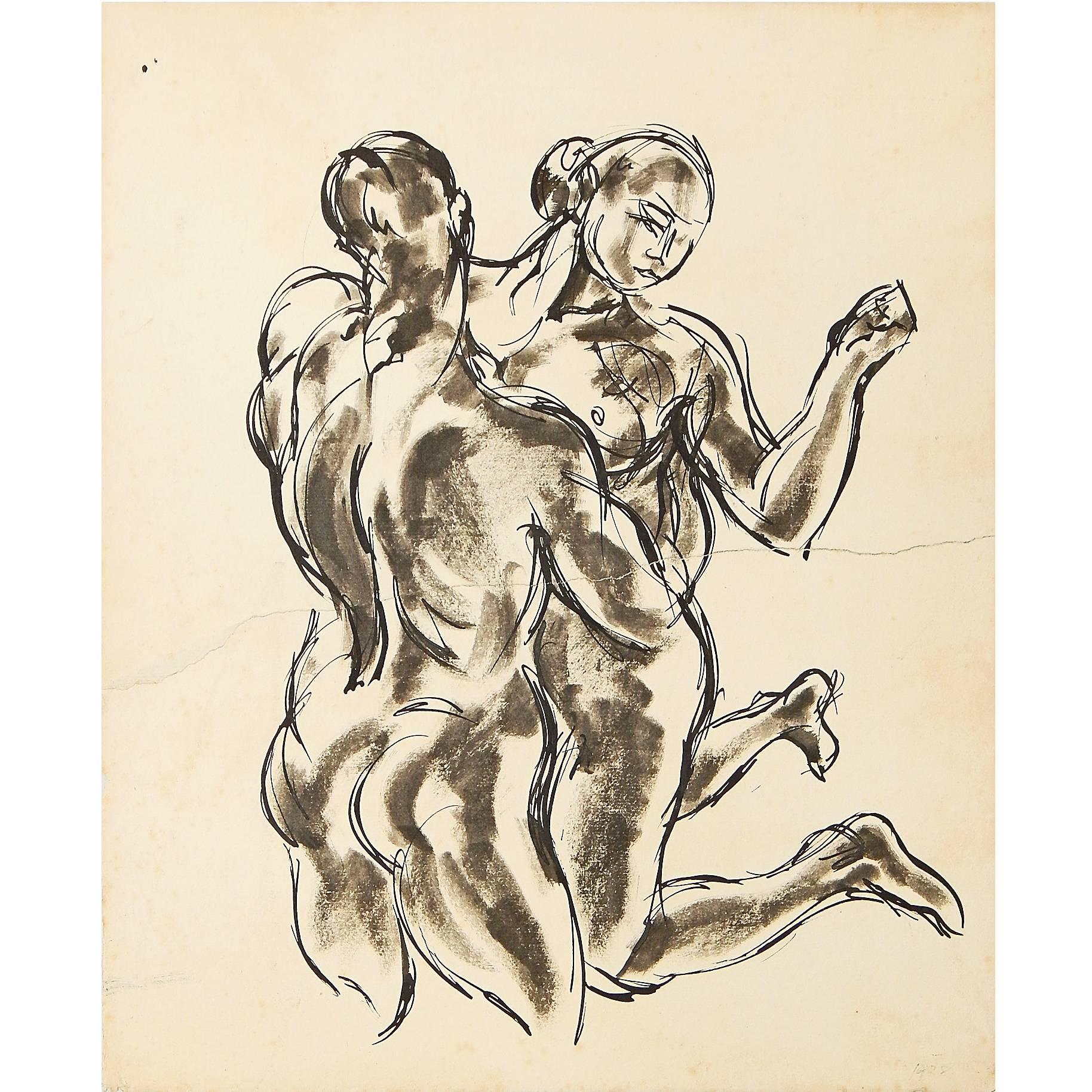 "Triton and Nymph, " Art Deco Drawing by Lincoln Kirstein Associate, 1928 For Sale