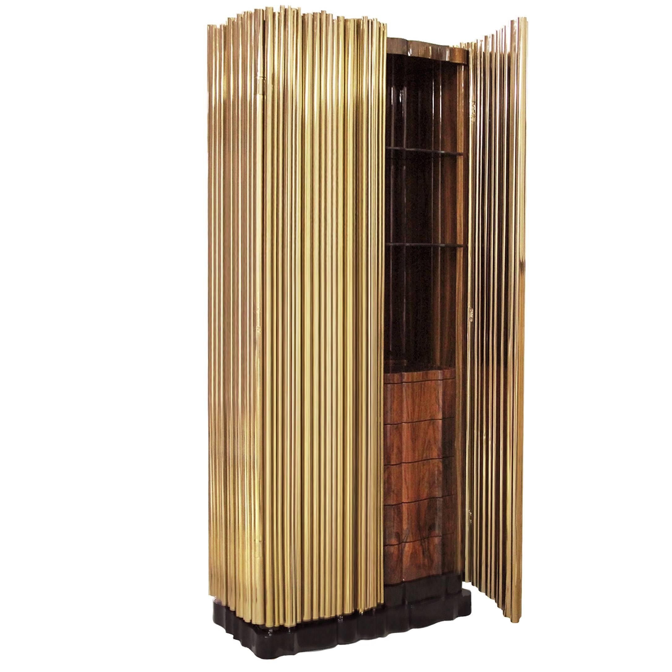 Brass Tubes Cabinet with Polished Brass Tubes Gold-Plated For Sale