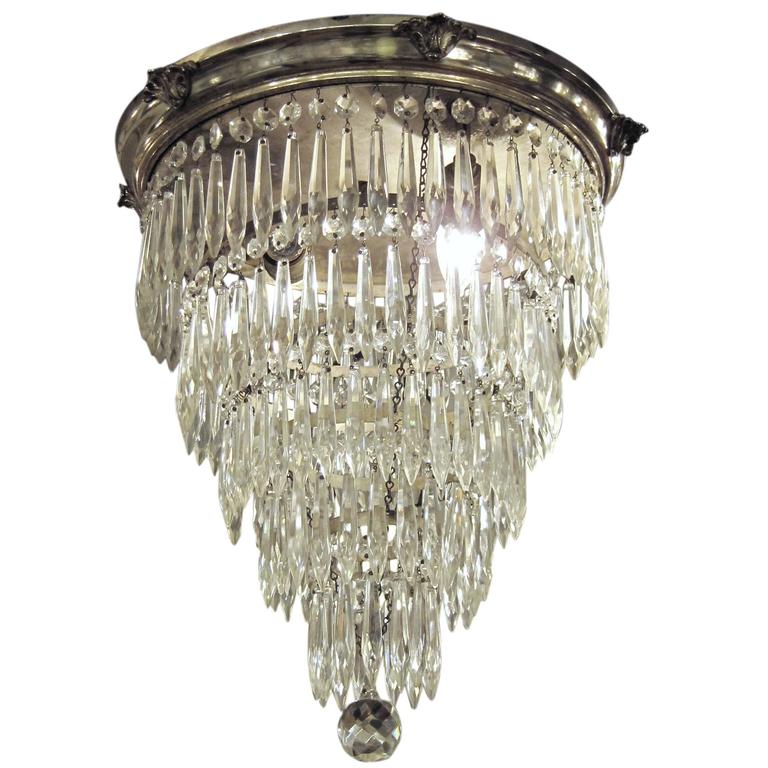 1920s Silver Plated Crystal Wedding Cake Flush Mount Chandelier with