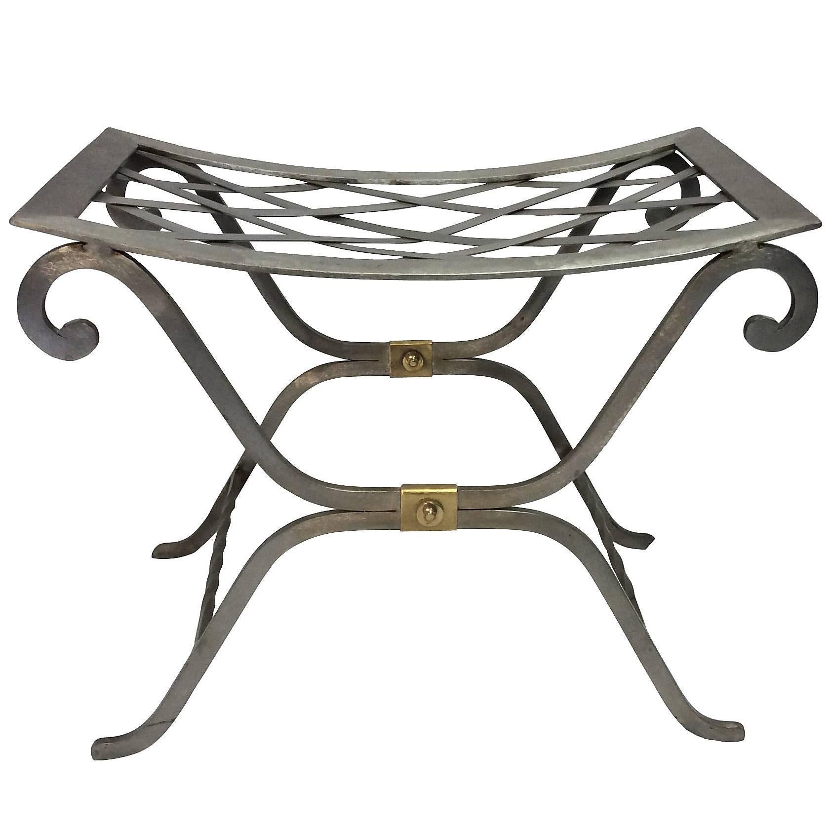 1950s French Maison Jansen Style Steel and Brass Bench
