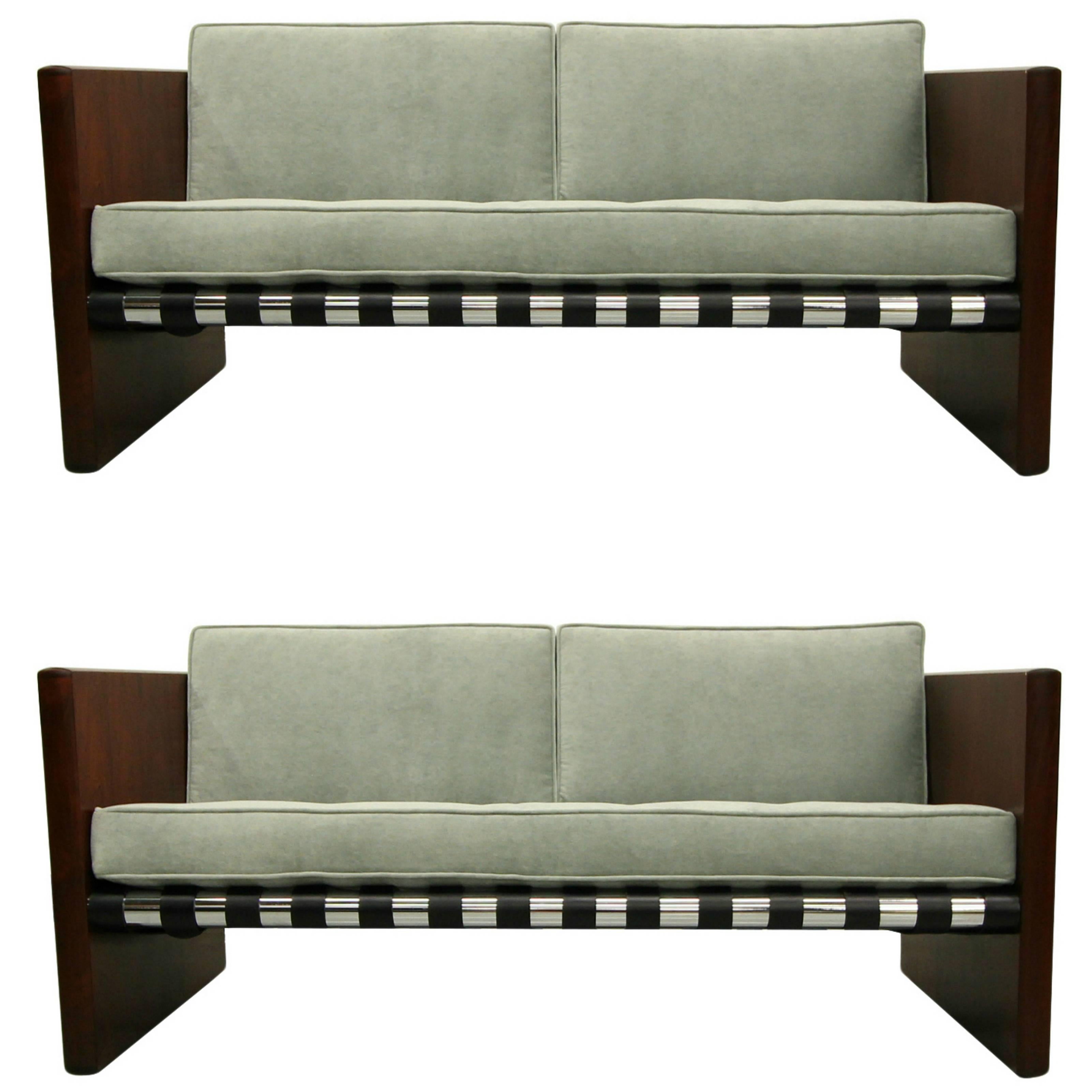 Pair of Mid-Century Danish Rosewood Chrome and Leather Sling Sofas