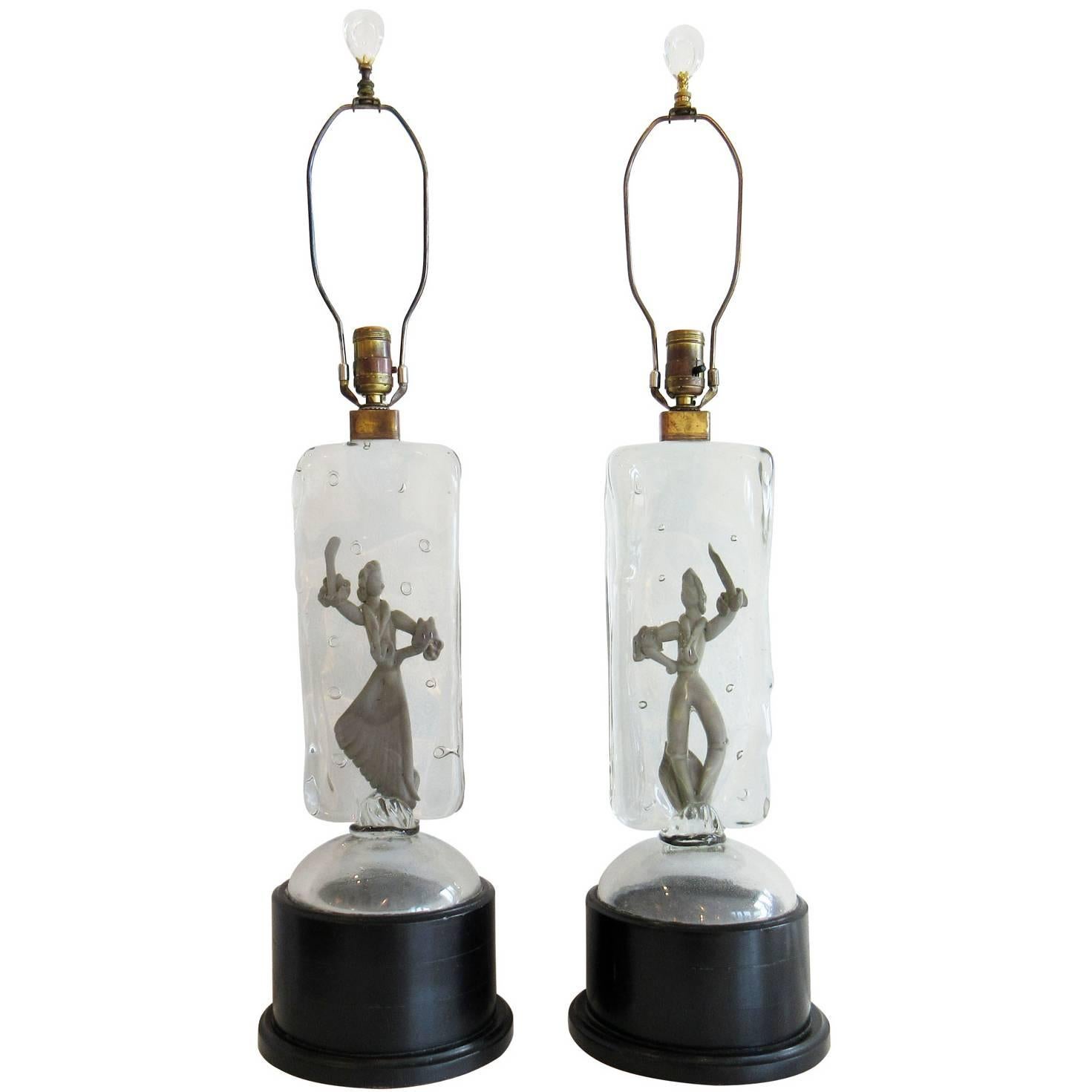 Rare Silver Alfredo Barbini Murano Glass Dancer Lamps For Sale