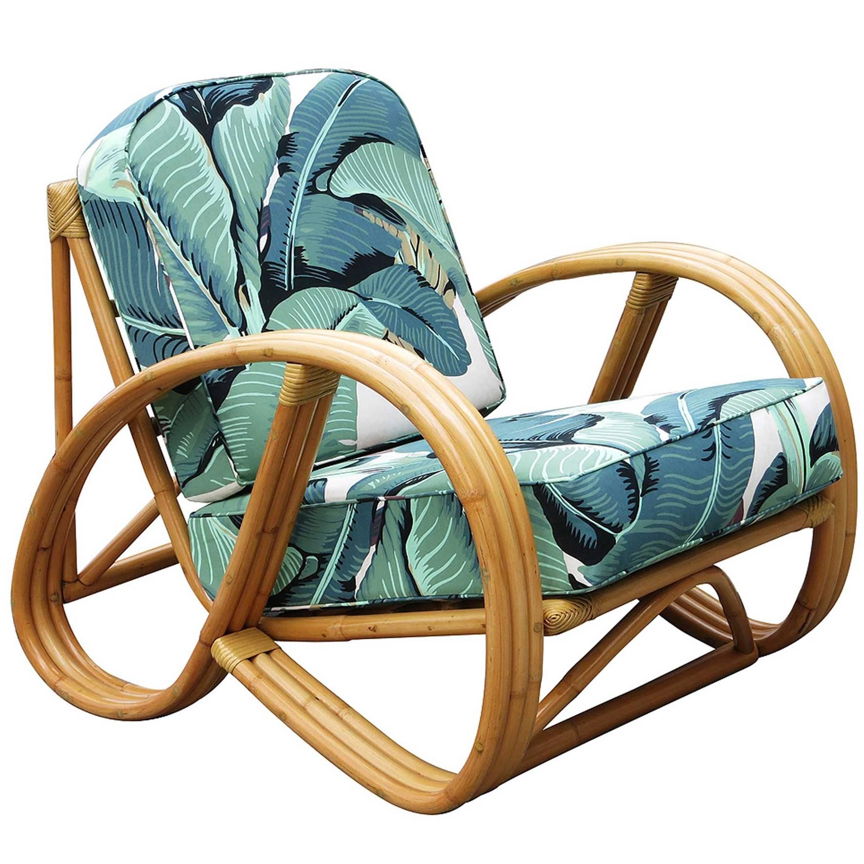 Restored 3/4 Round Pretzel Rattan Lounge Chair with Beverly Palms Cushions