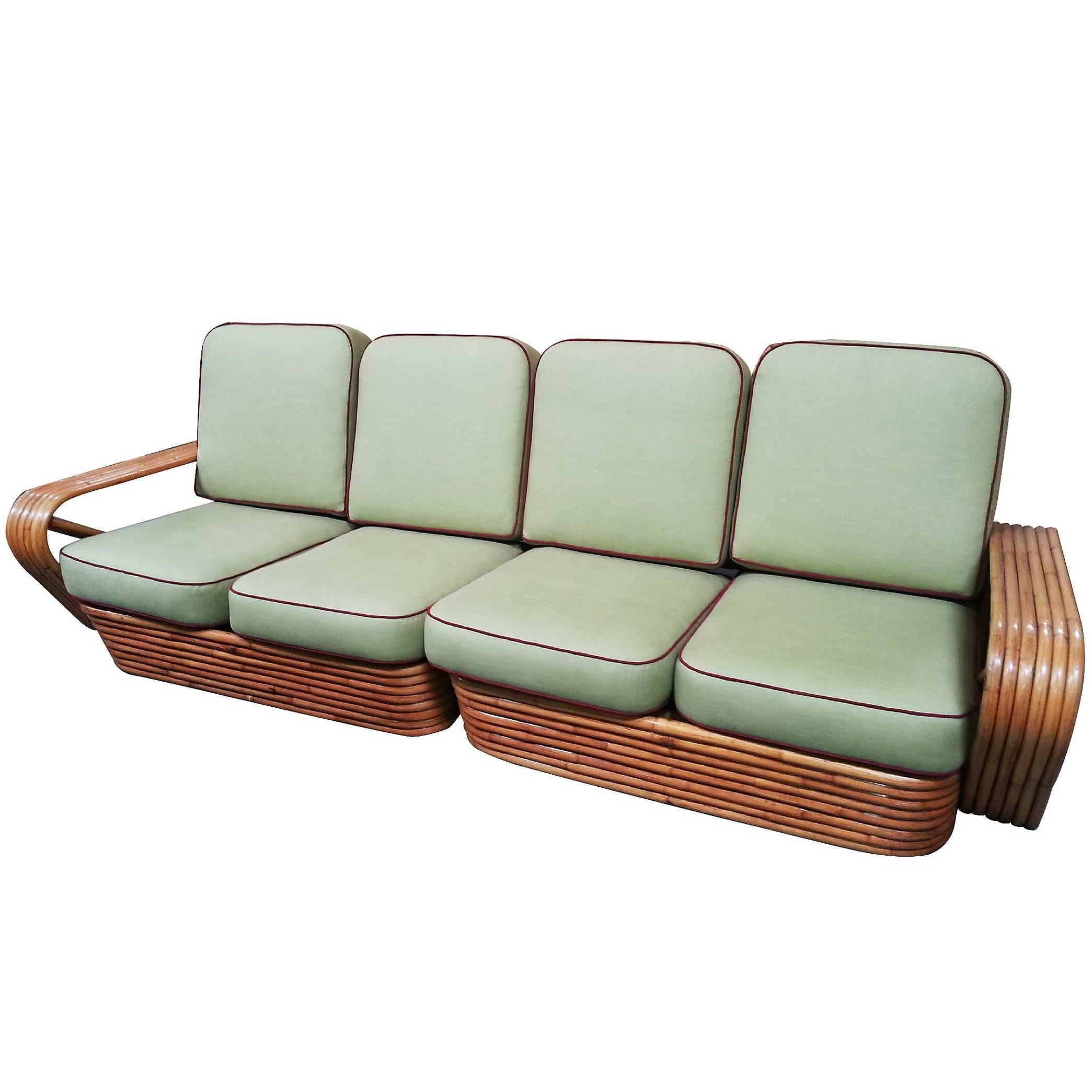 Restored Square Pretzel Rattan Four-Seat Two-Piece Sectional Sofa by Paul Frankl