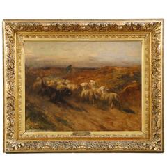 Charles Herrmann-Léon Antique Painting of Dog Herding Sheep