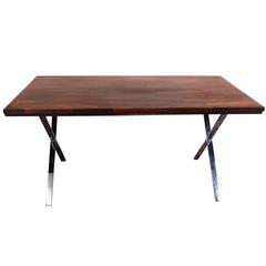 Mid-Century Rosewood Parquetry Top X-Base Dining or Writing Table