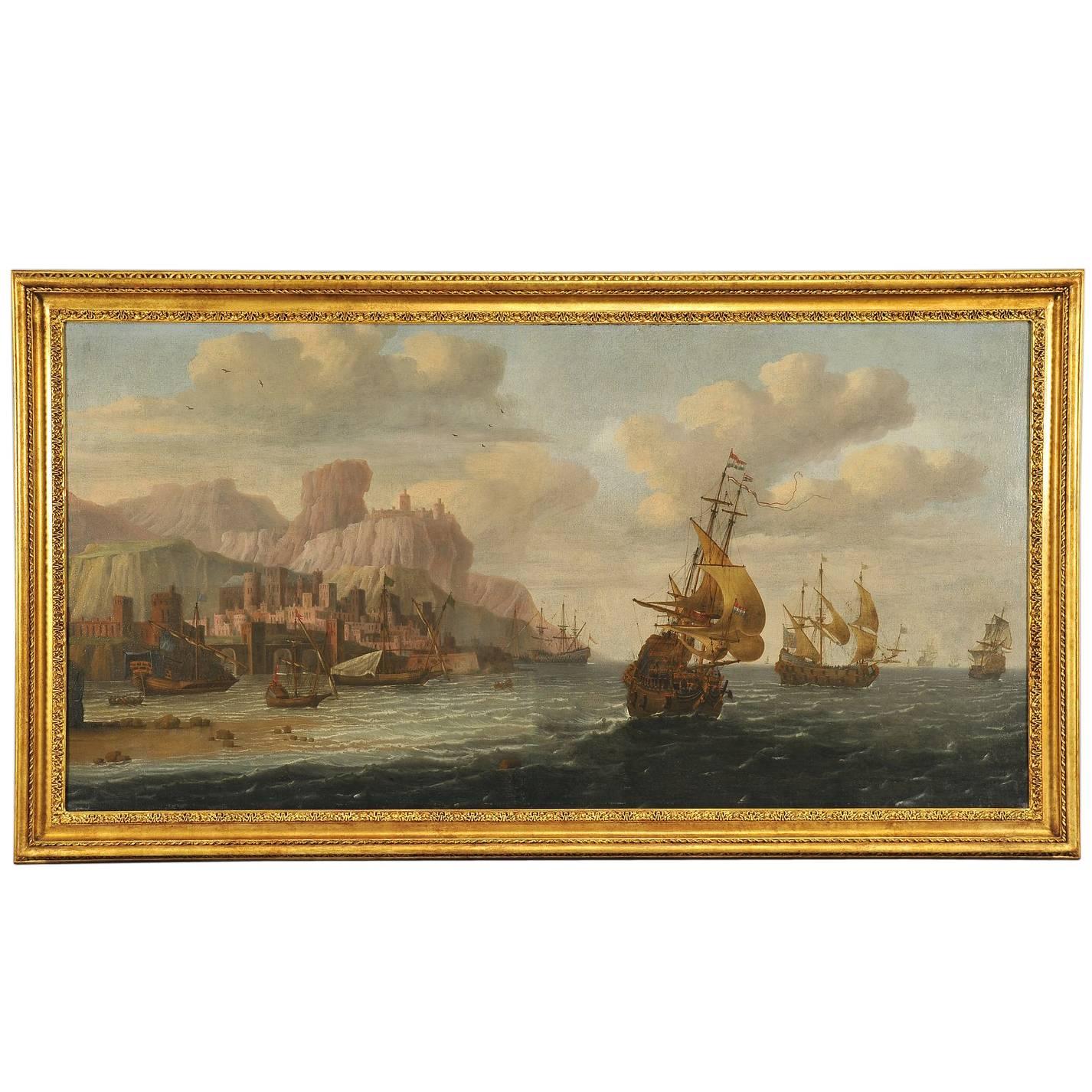 Jacob Van der Kross "View of Mediterranean Port with Ships" For Sale