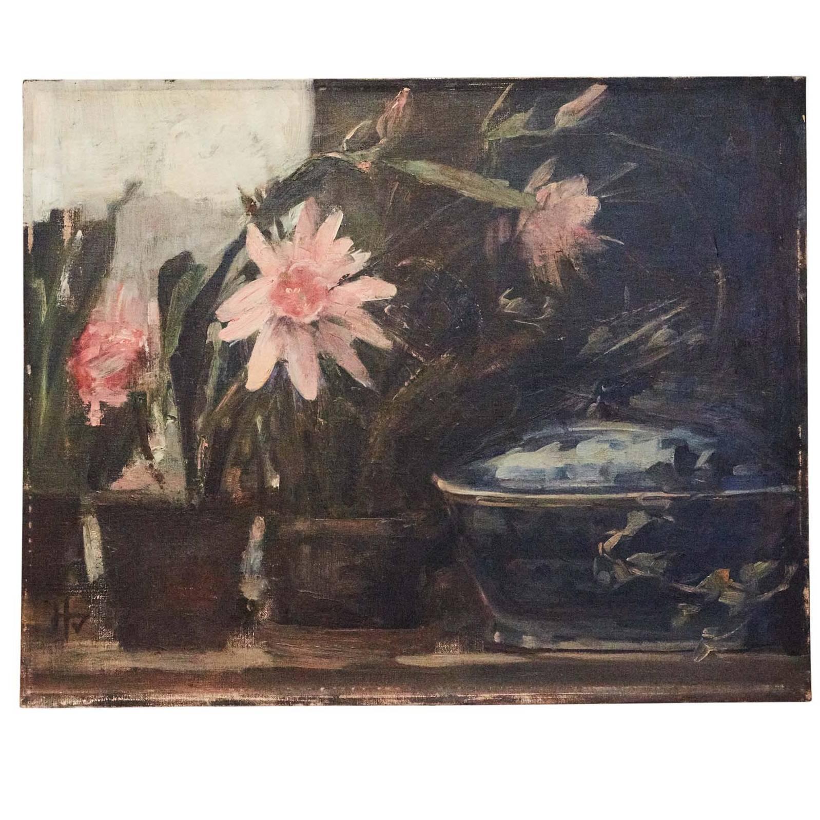 Still-Life 'Pink Flowers and Blue Tureen' by Herman Vedel, Denmark, 1924