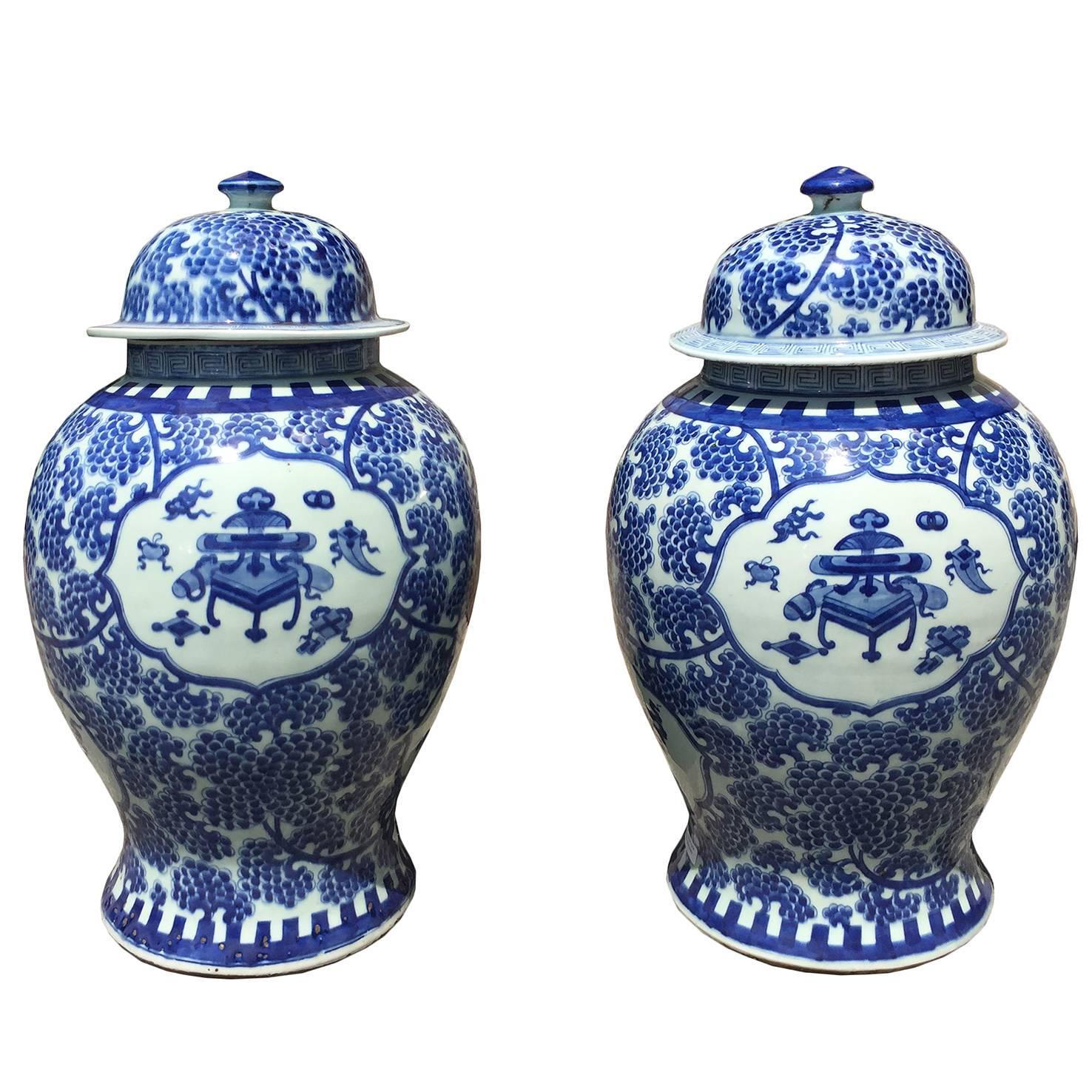Pair of 19th Century Blue and White Chinese Export Jars
