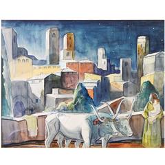 "San Gimignano with Starry Sky, " Large, Brilliant Art Deco Painting by Black