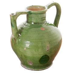 Antique French Green Glazed Oil Pitcher