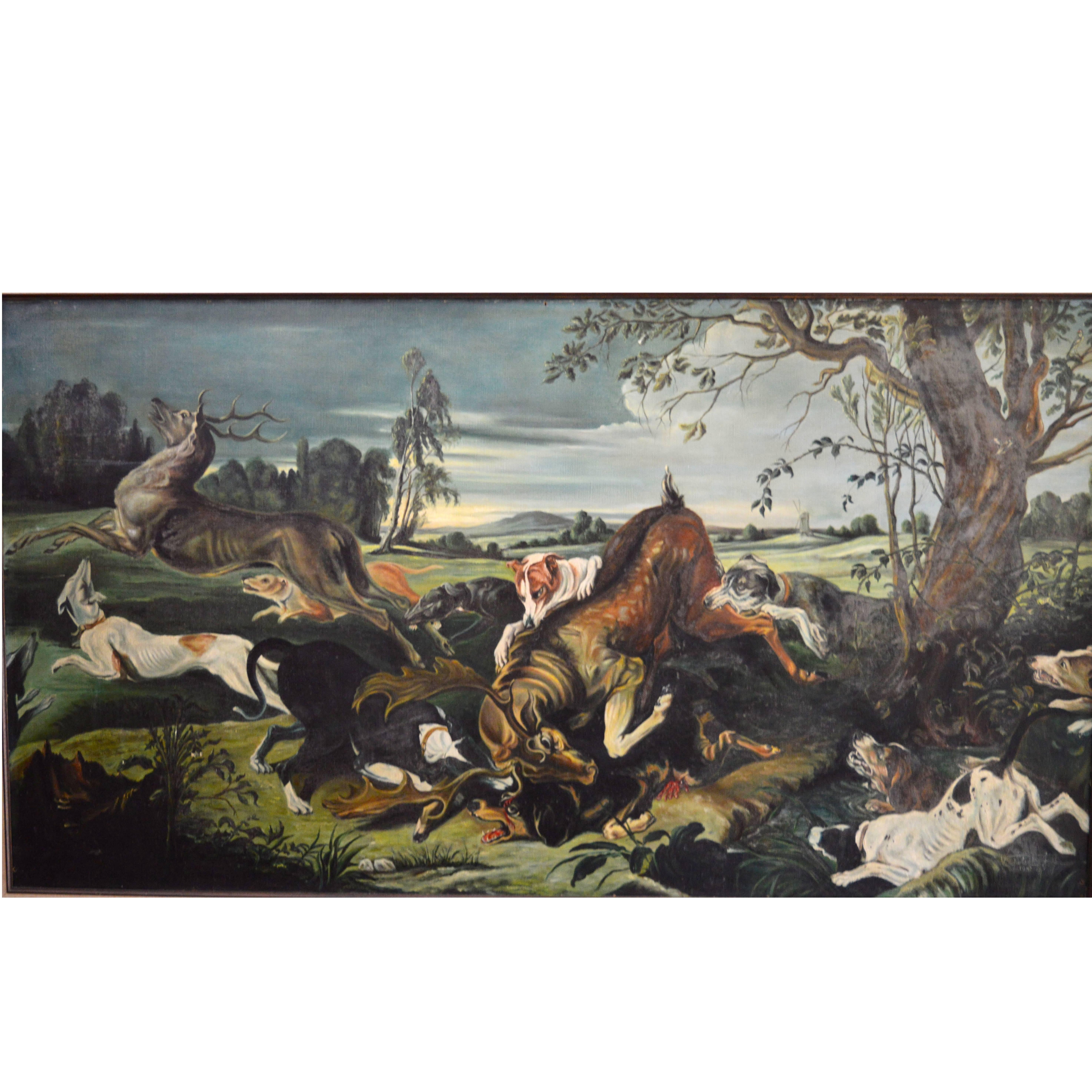 Large Flemish 17th century style Deer and Dog Hunt Painting "Damhertenjacht"