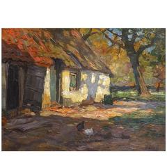 Antique 'Sunlit Farmhouse' Oil Painting by Ben Viegers