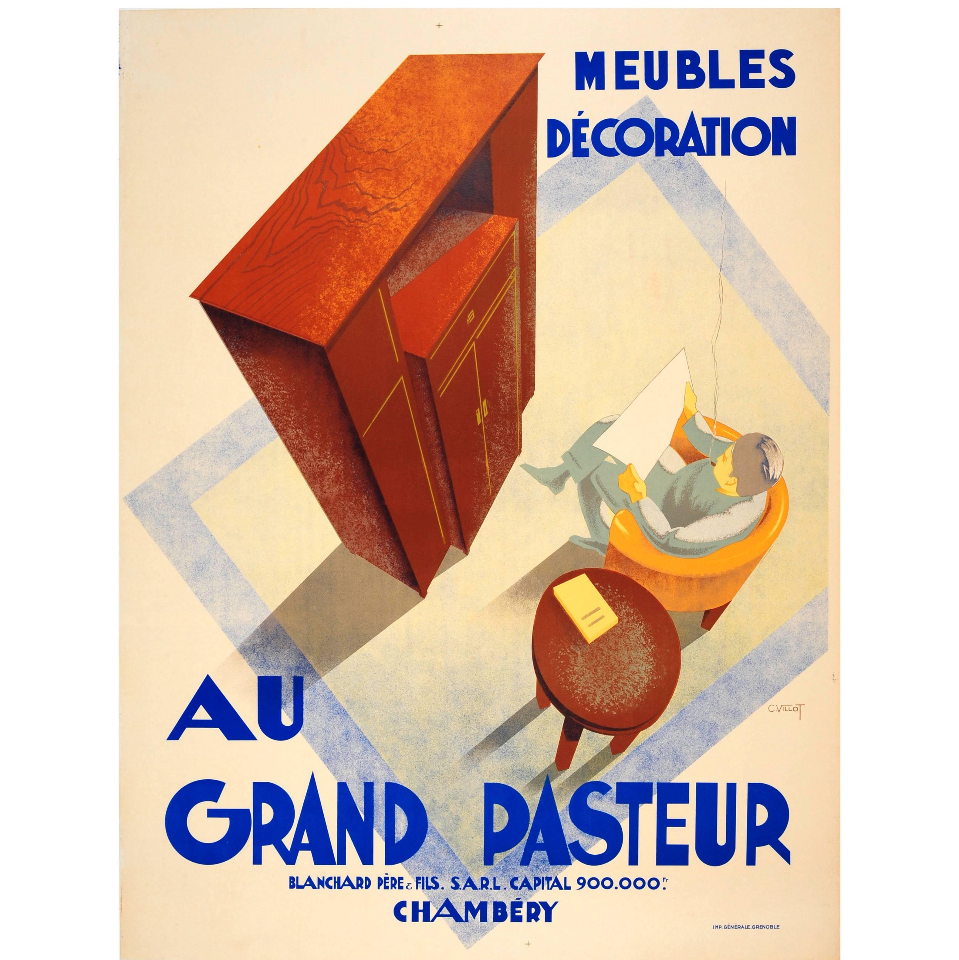 Large Original Vintage 1920s Art Deco Furniture Advertising Poster Grand Pasteur