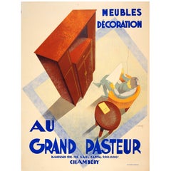 Large Original Antique 1920s Art Deco Furniture Advertising Poster Grand Pasteur