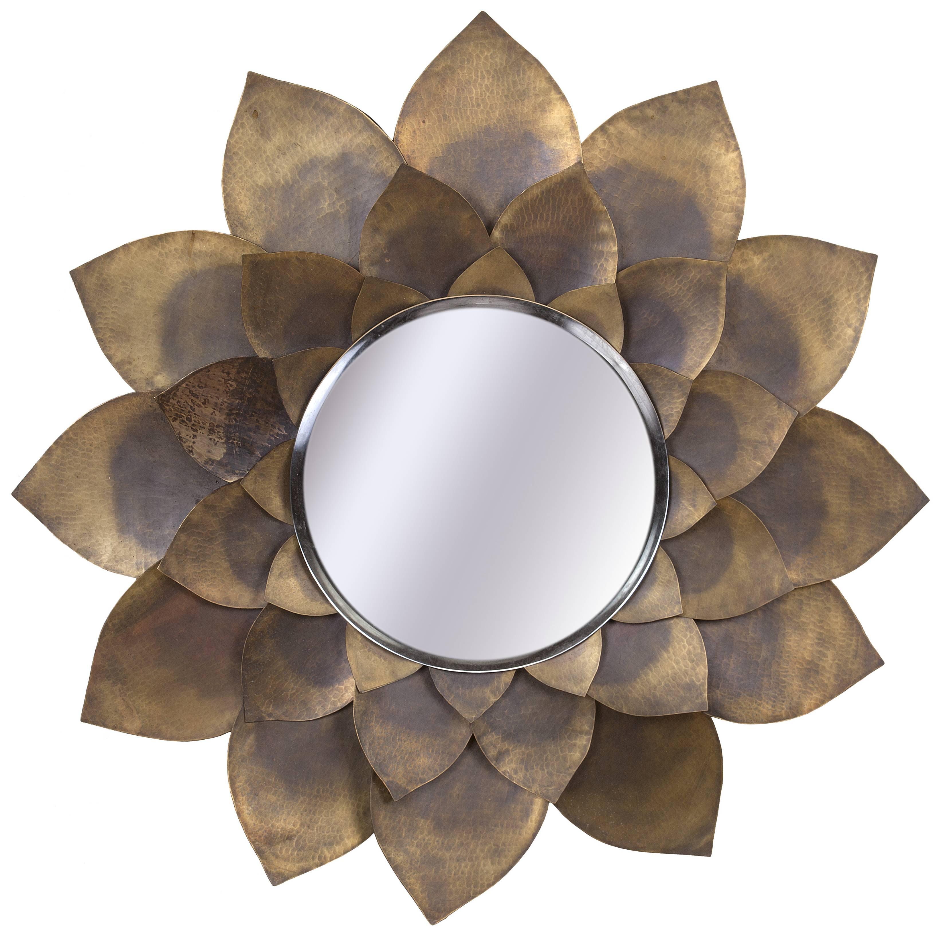Rare Hand-Hammered Brass Lotus Flower Mirror, Mid-Century