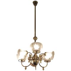 Six-Arm Brass Electric and Gas Style Chandelier Pendant with Etched Shades