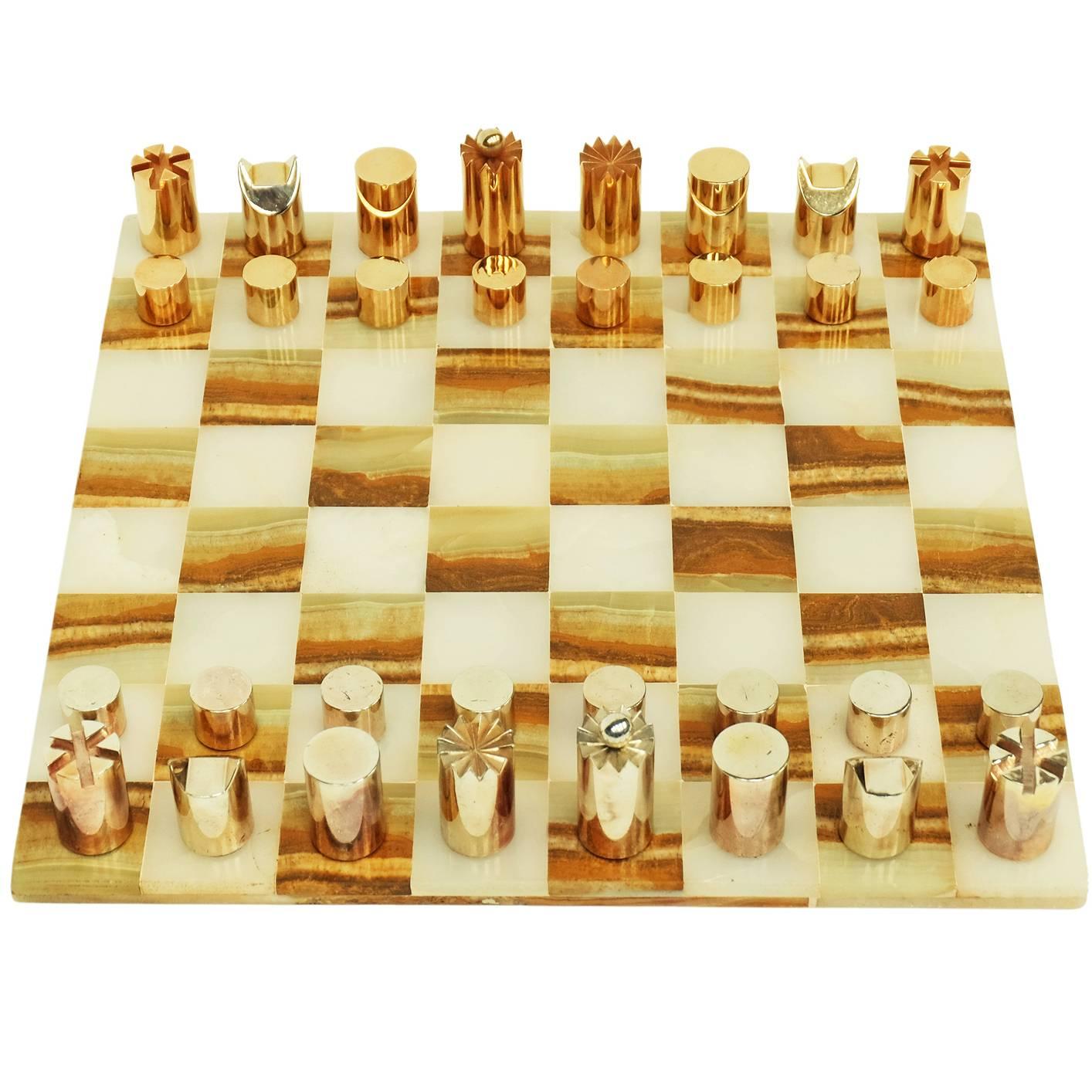1970s Modernist Chess Set Onyx Board Gold Steel Pieces