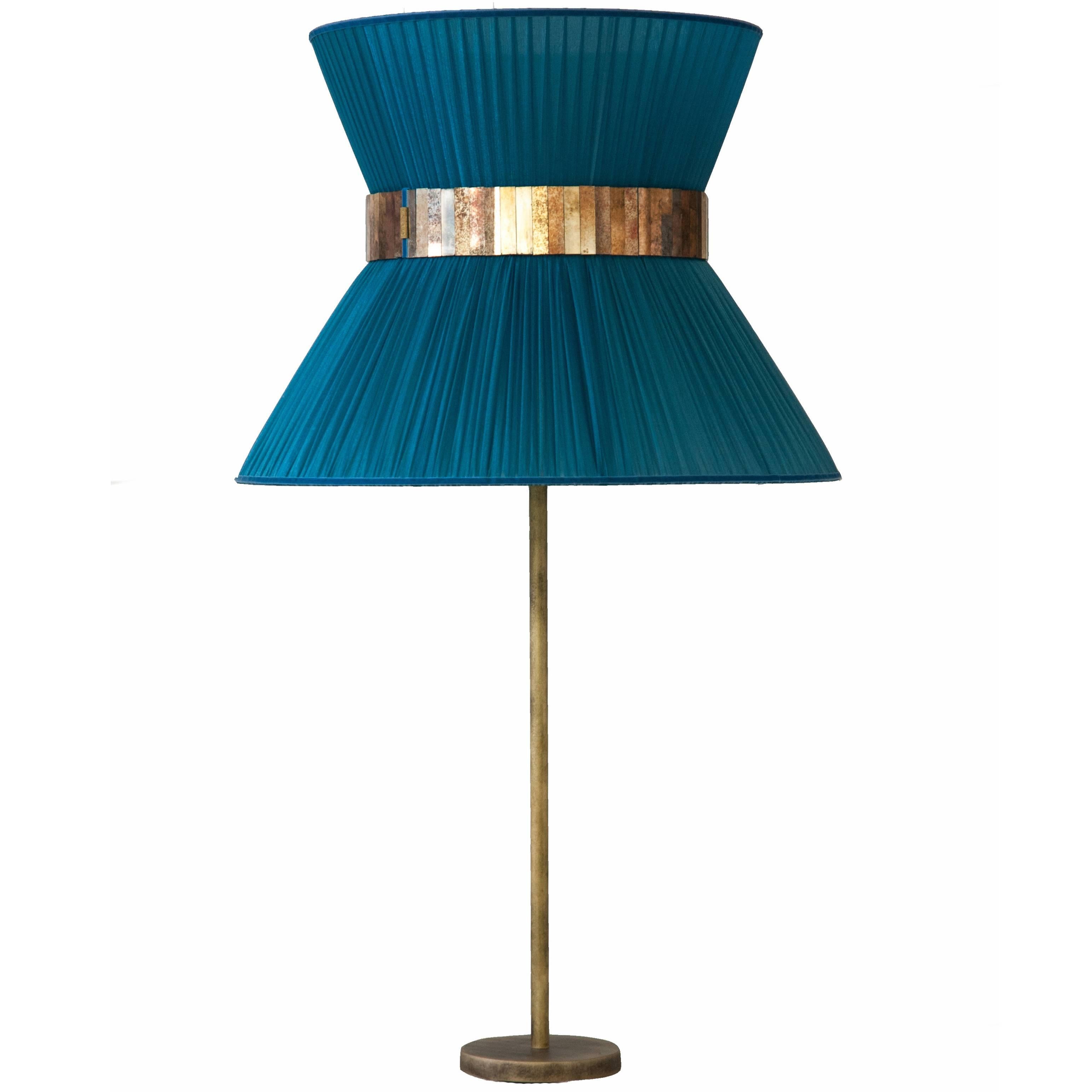  “Tiffany” Table Lamp in Teal Silk, Antiqued Brass, Silvered Glass Handmade 