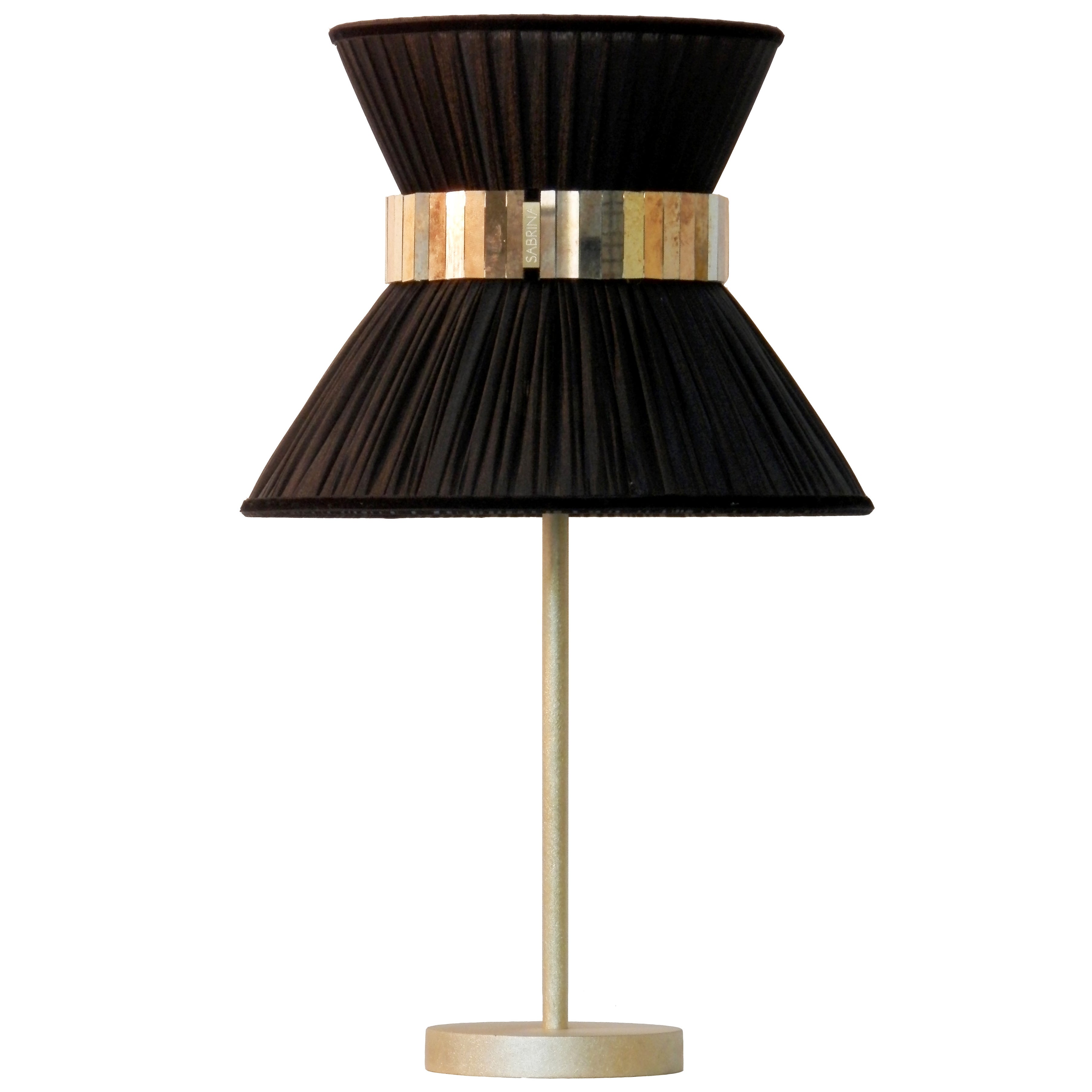 Table Lamp In Black Silk Antiqued Brass Silvered Glass Handmade