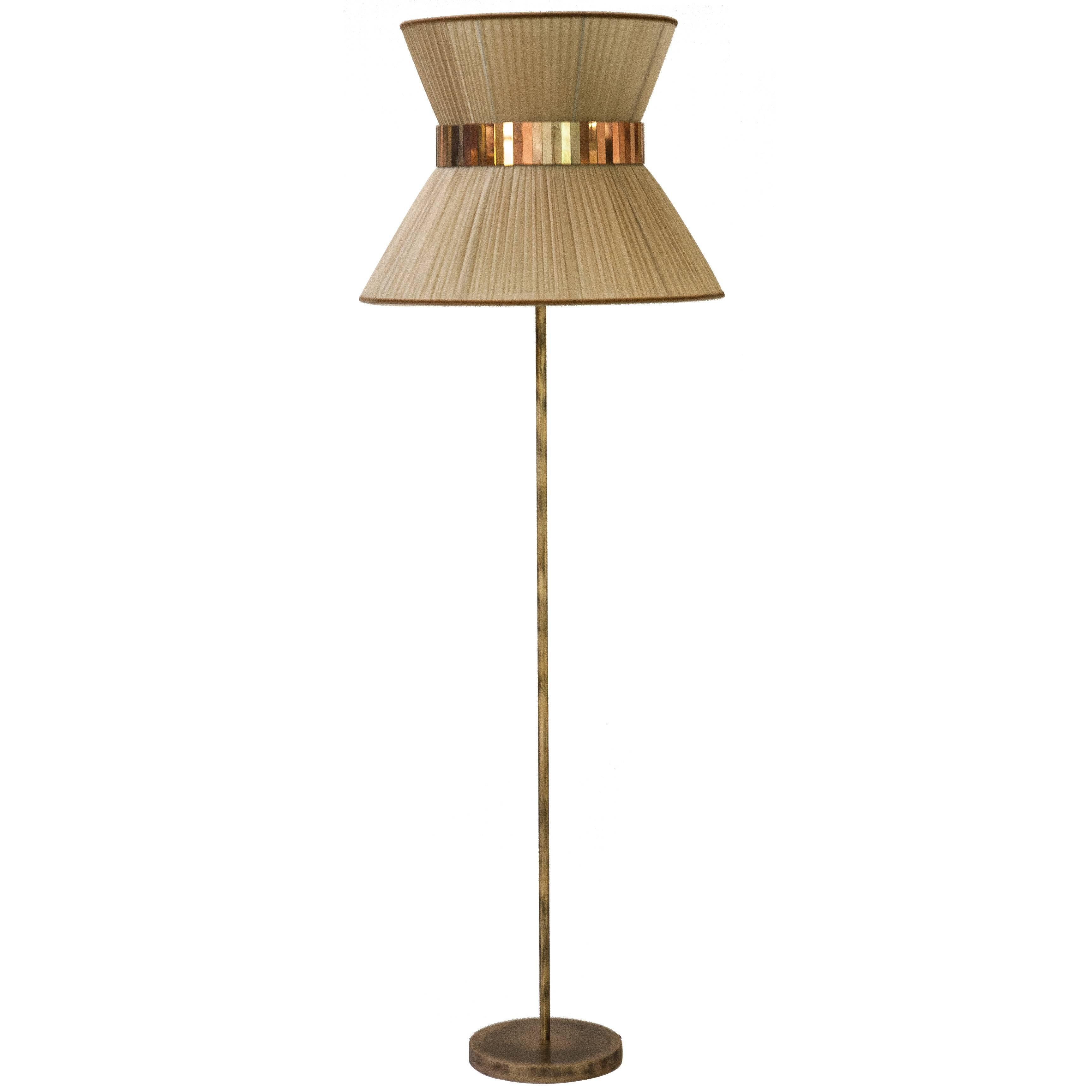 “Tiffany” Floor Lamp in gold Silk, Antiqued Brass, Silvered Glass Handmade  