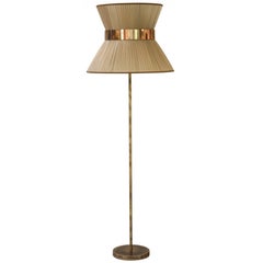 “Tiffany” Floor Lamp in gold Silk, Antiqued Brass, Silvered Glass Handmade  