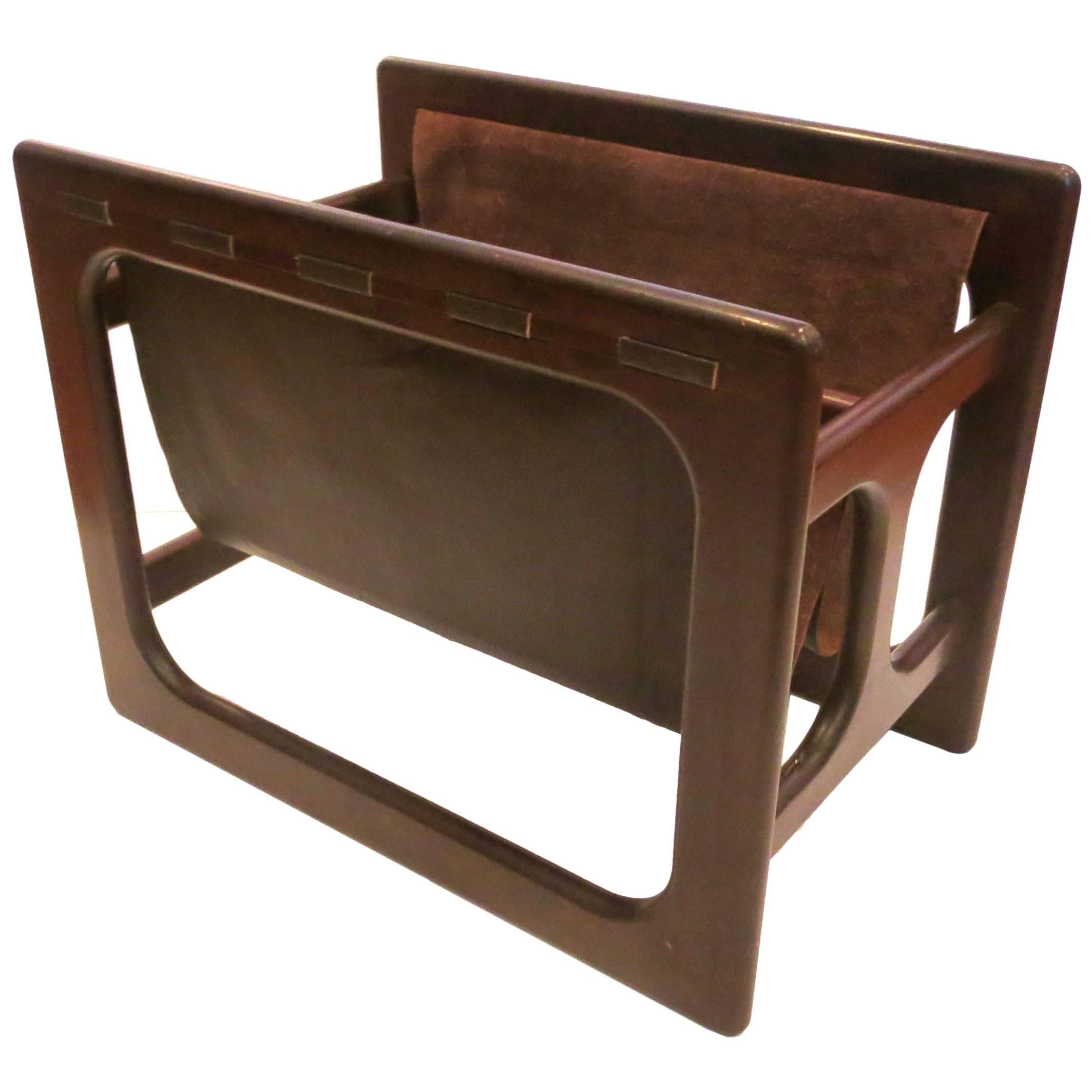 Danish Modern Rare Leather and Rosewood Sculpted Double Magazine Rack