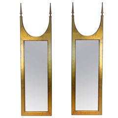 Pair of Gold Wood Spire Arch Framed Antiqued Mirrors