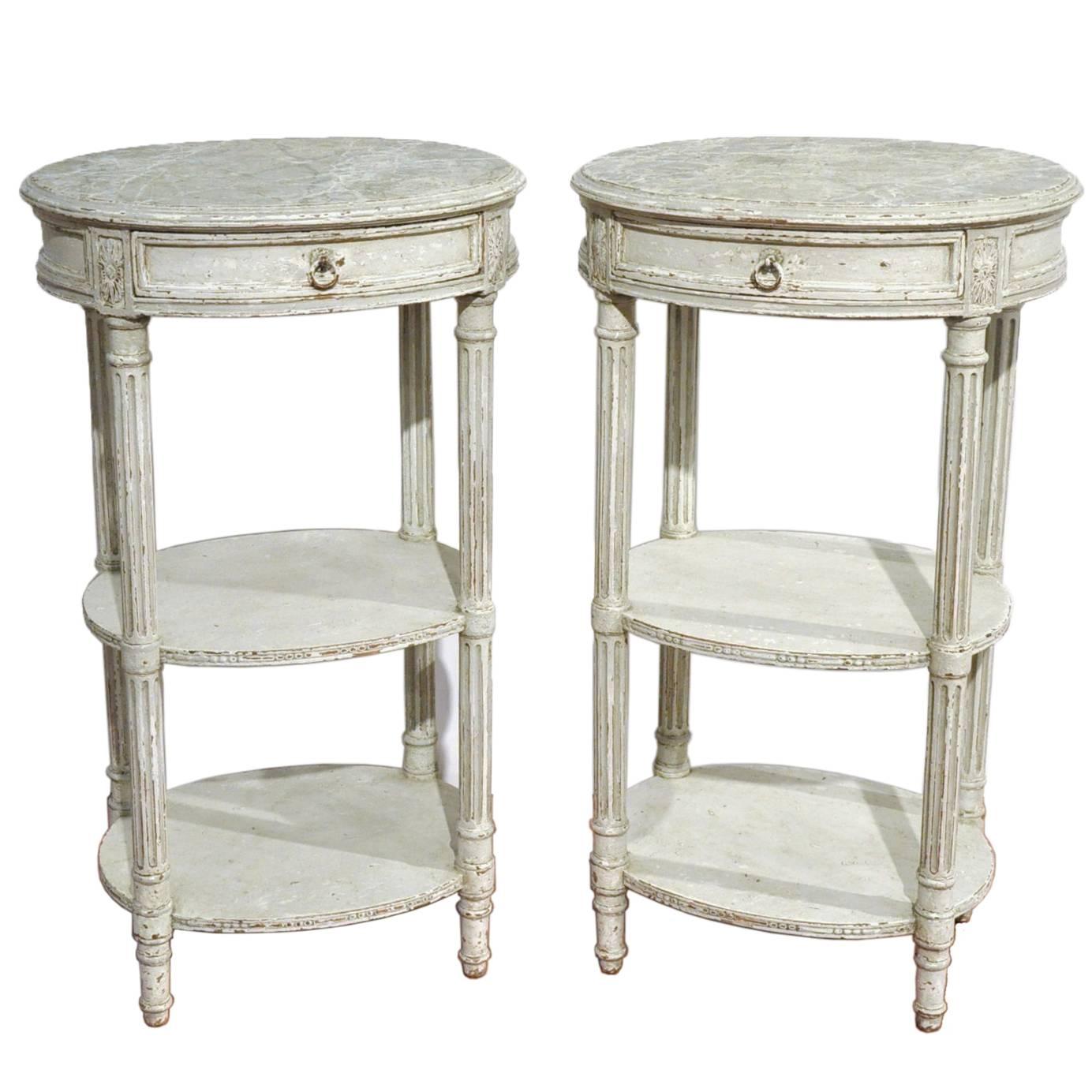 Pair of 19th Century French Louis XVI Painted Oval Tables with Faux Marble Top