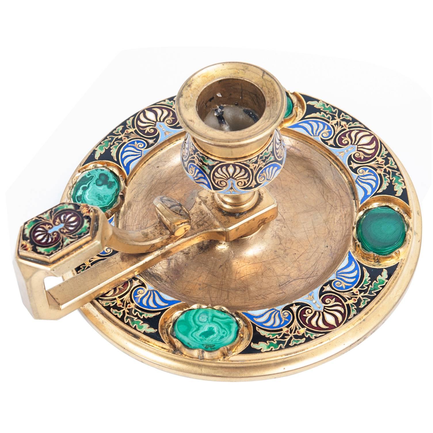 High-Quality Ormolu Russian Candlestick with Enamel and Malachite Decorations For Sale