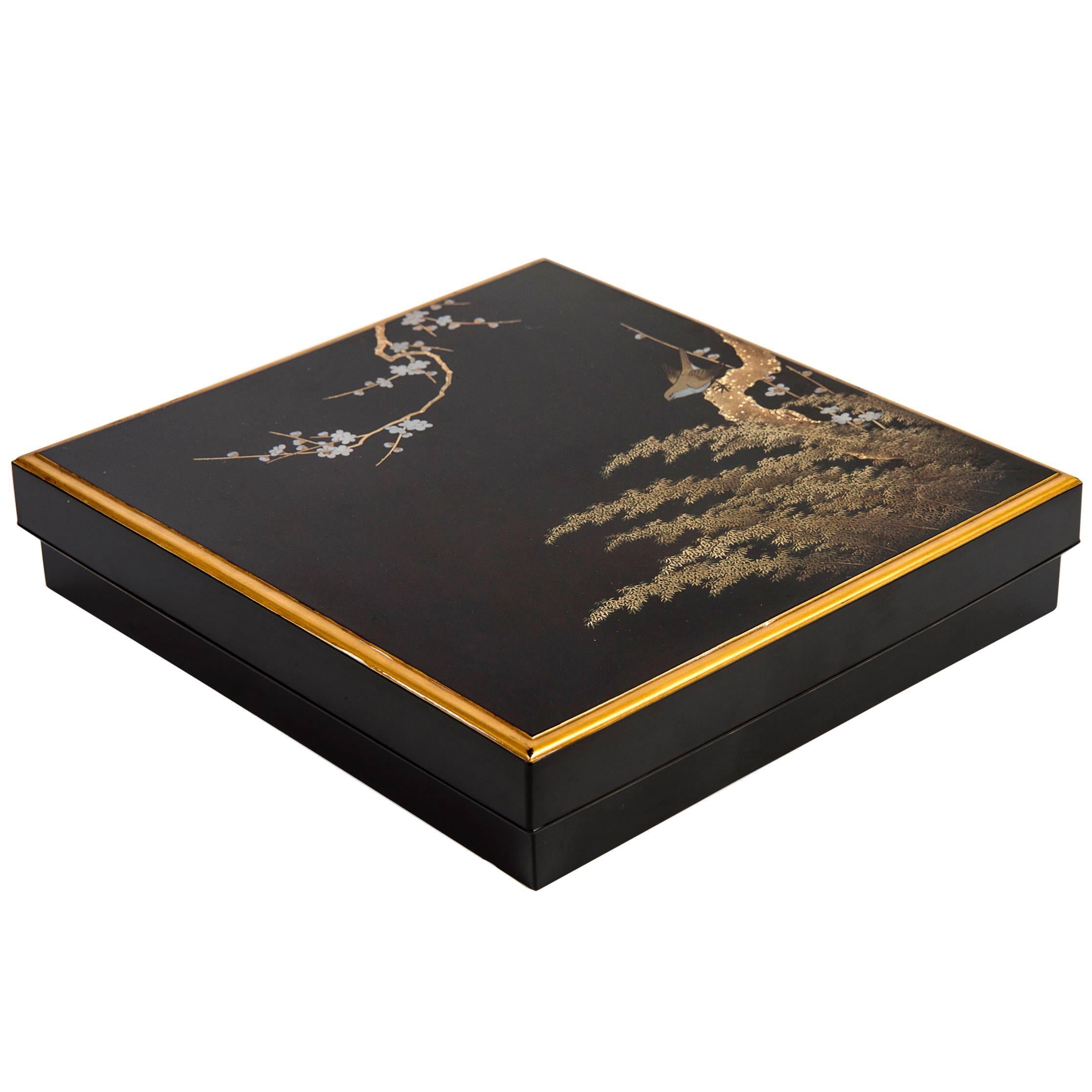 19th Meiji Japanese Lacquered Suzuribako with Bush Warbler, Writing Box