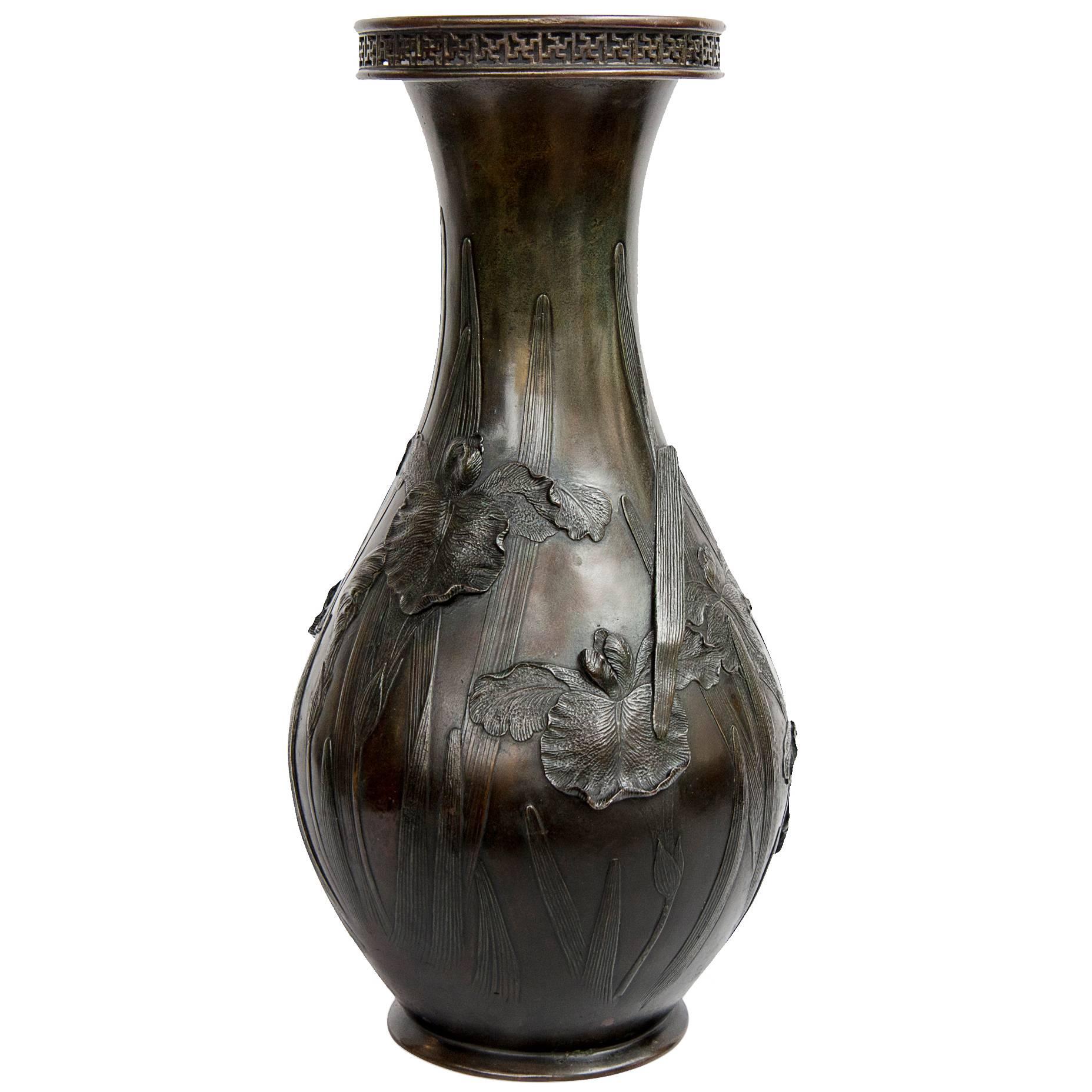 19th Meiji Japanese Bronze Vase, Hanashobu For Sale