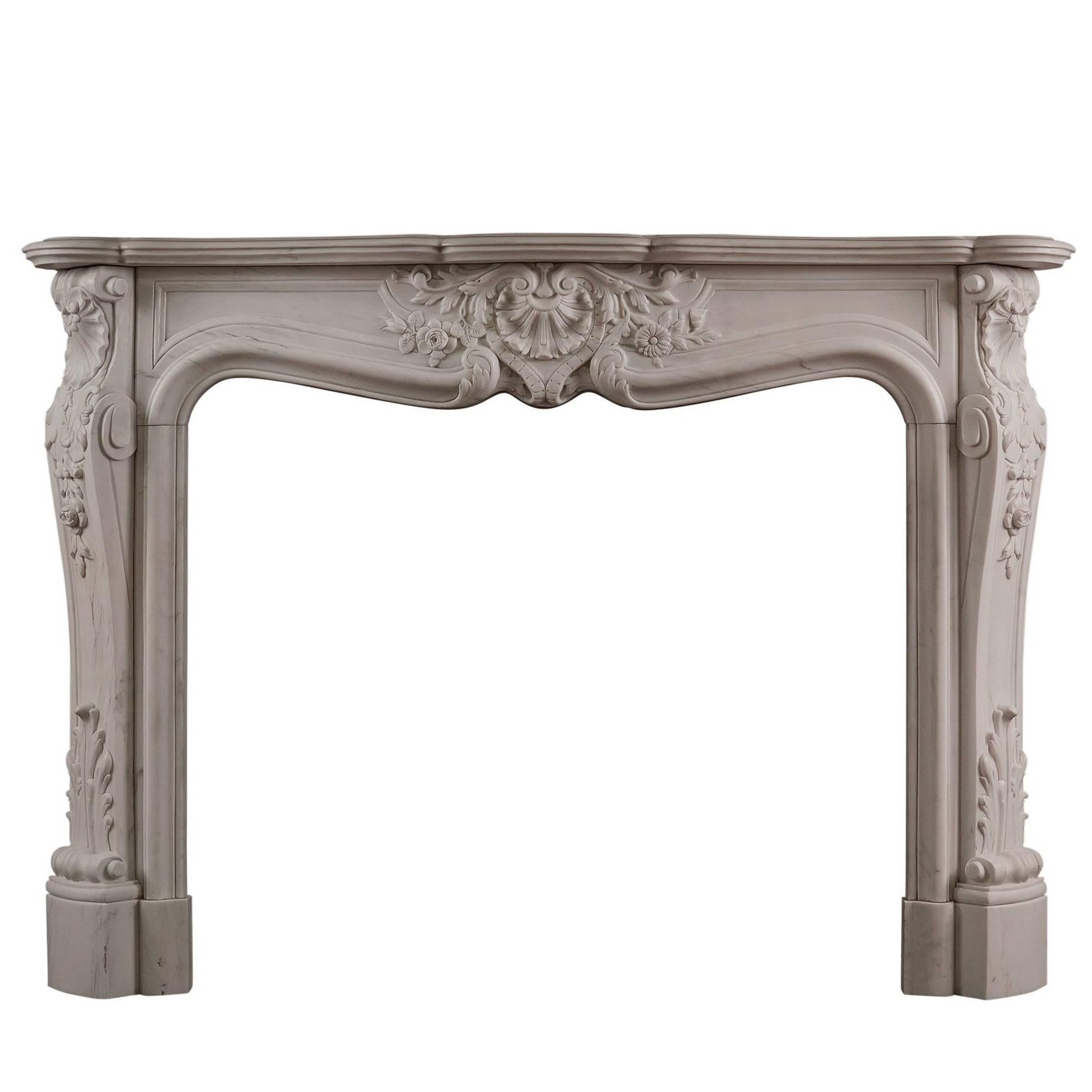 Ornately Carved Louis XV Marble Fireplace For Sale